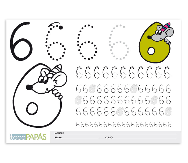 Aprender a escribir y leer el número 6. Caligrafía y plantilla para