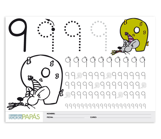 Aprender a escribir y leer el número 9. Caligrafía y plantilla para
