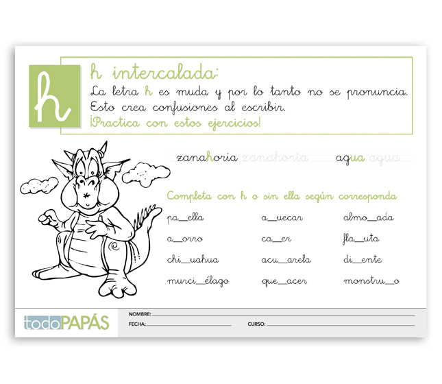 Fichas sobre la regla de ortografía en español de la letra