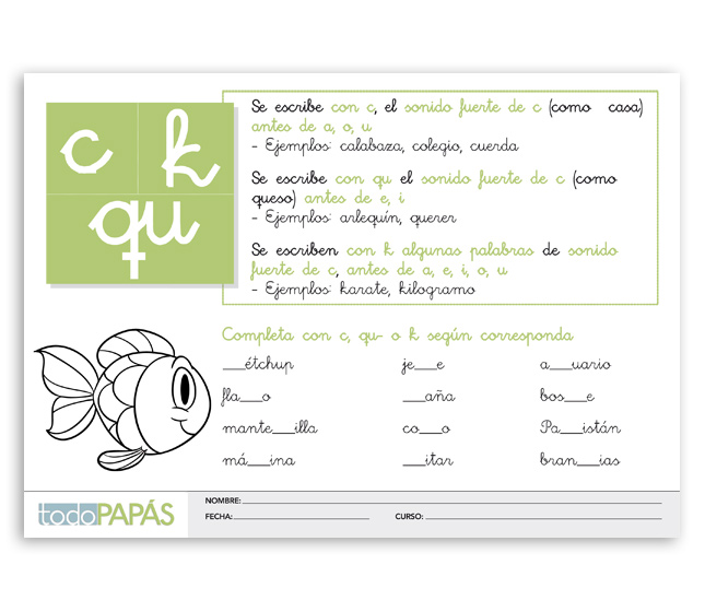 Fichas Sobre La Regla De Ortografia En Espanol De Las Letras C Qu Y K Palabra Acuario Todopapas