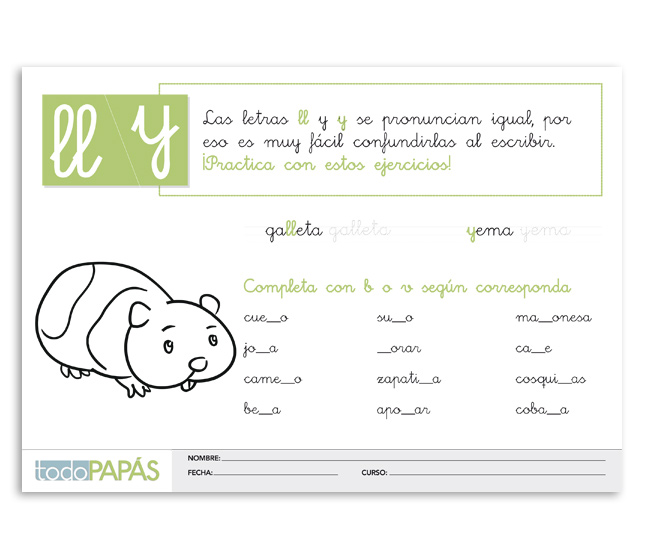 Fichas sobre la regla de ortografía en español de las letras ll ...